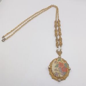 Western Germany Filigree Necklace With a Floral Pendant and AB Rhinestones